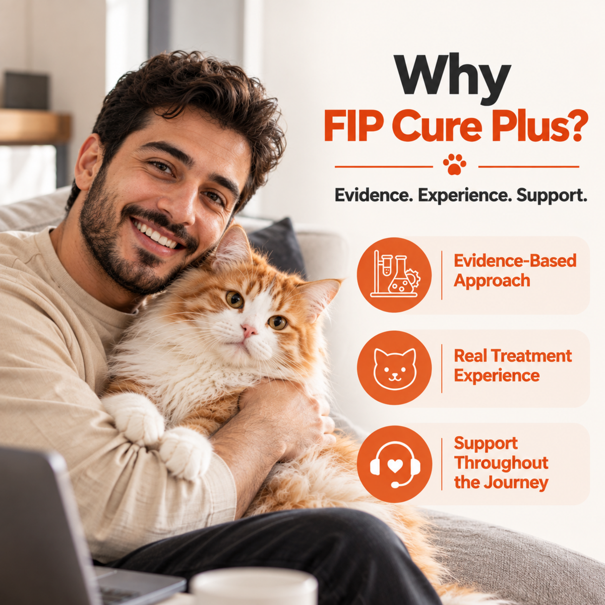 Cat owner holding his cat with FIP Cure Plus information highlighting evidence-based treatment, real treatment experience, and support throughout the FIP treatment journey.